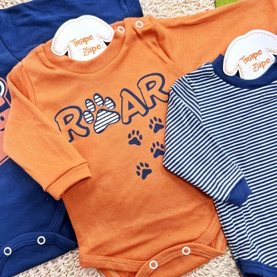 Kit 3 Peças - Bodys Manga Longa Tigre Roar - Ferrugem, Marinho e Listrado